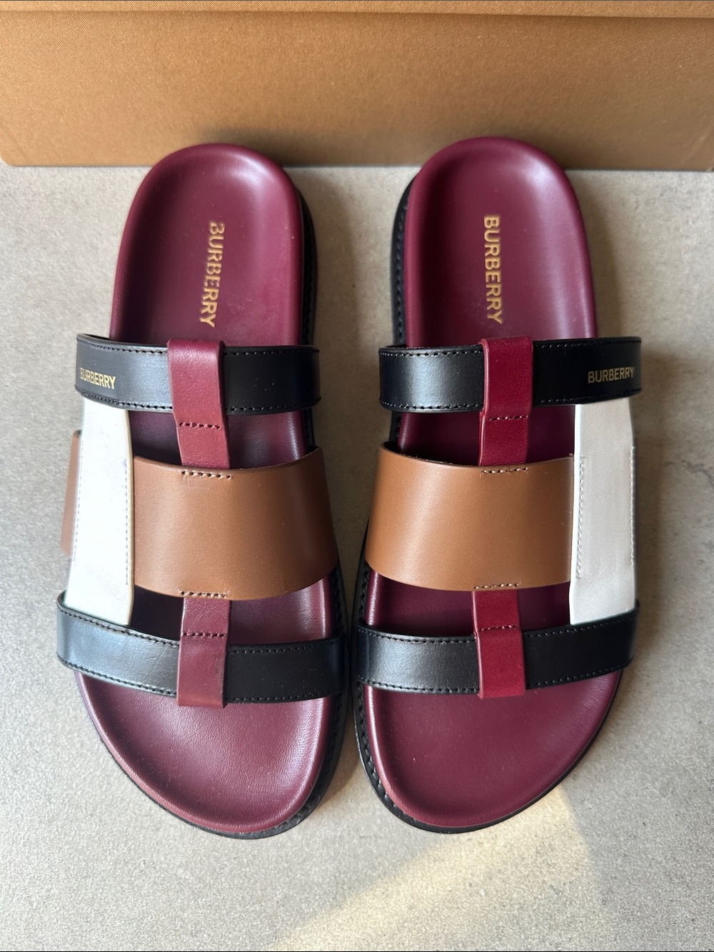 Burberry Thelma Multicolor Leather Slide Sandals — Burgundy, Black, Tan, White